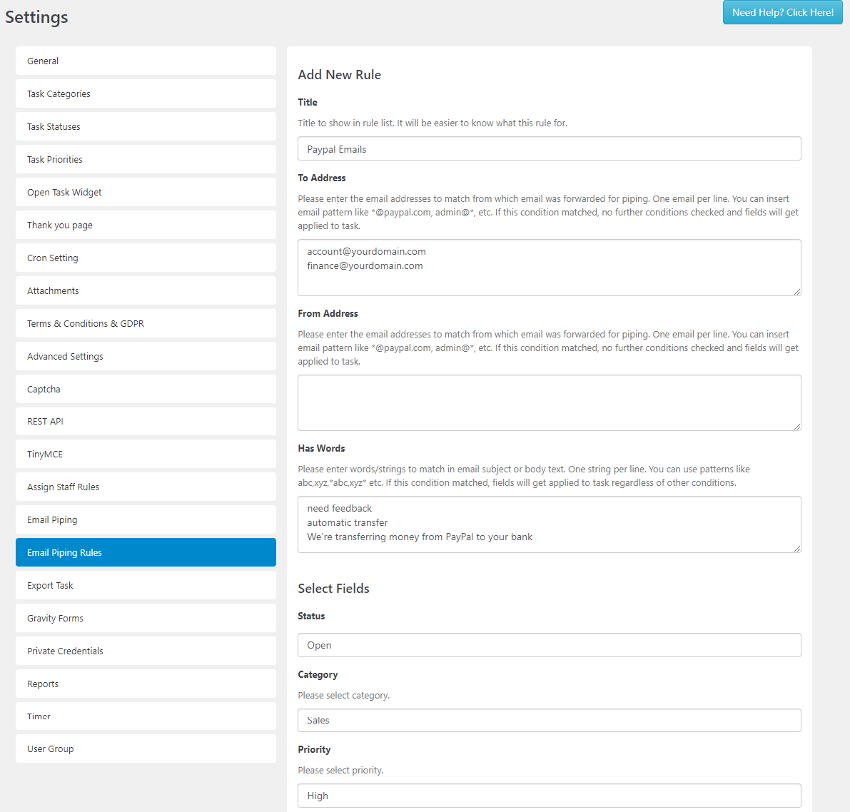 SC Email Piping Settings